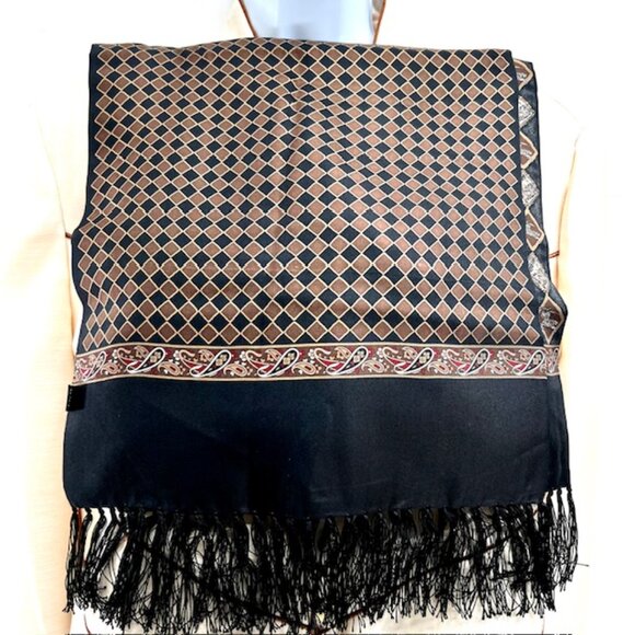 2 Ways Burberrys 100% Silk Satin Scarf 60"x13" Brown black Check Art Fring (1 - Picture 11 of 16